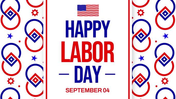 9月4日是美国的劳动节，人们挥舞着印有字体的旗帜庆祝劳动节。