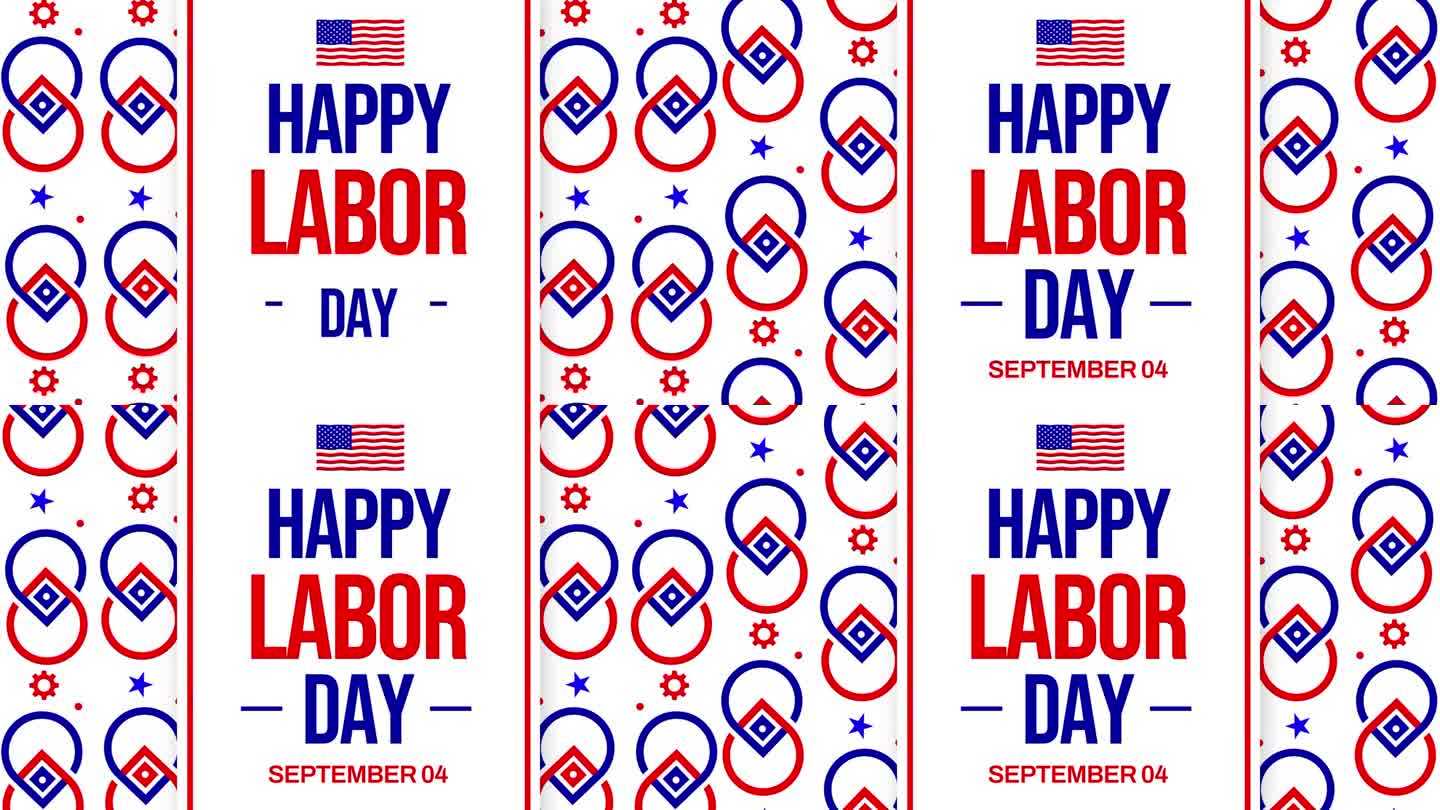 9月4日是美国的劳动节，人们挥舞着印有字体的旗帜庆祝劳动节。