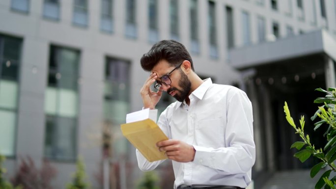 一个穿着白衬衫的失望的年轻人站在办公楼附近的街道上读着一封带有坏消息的信