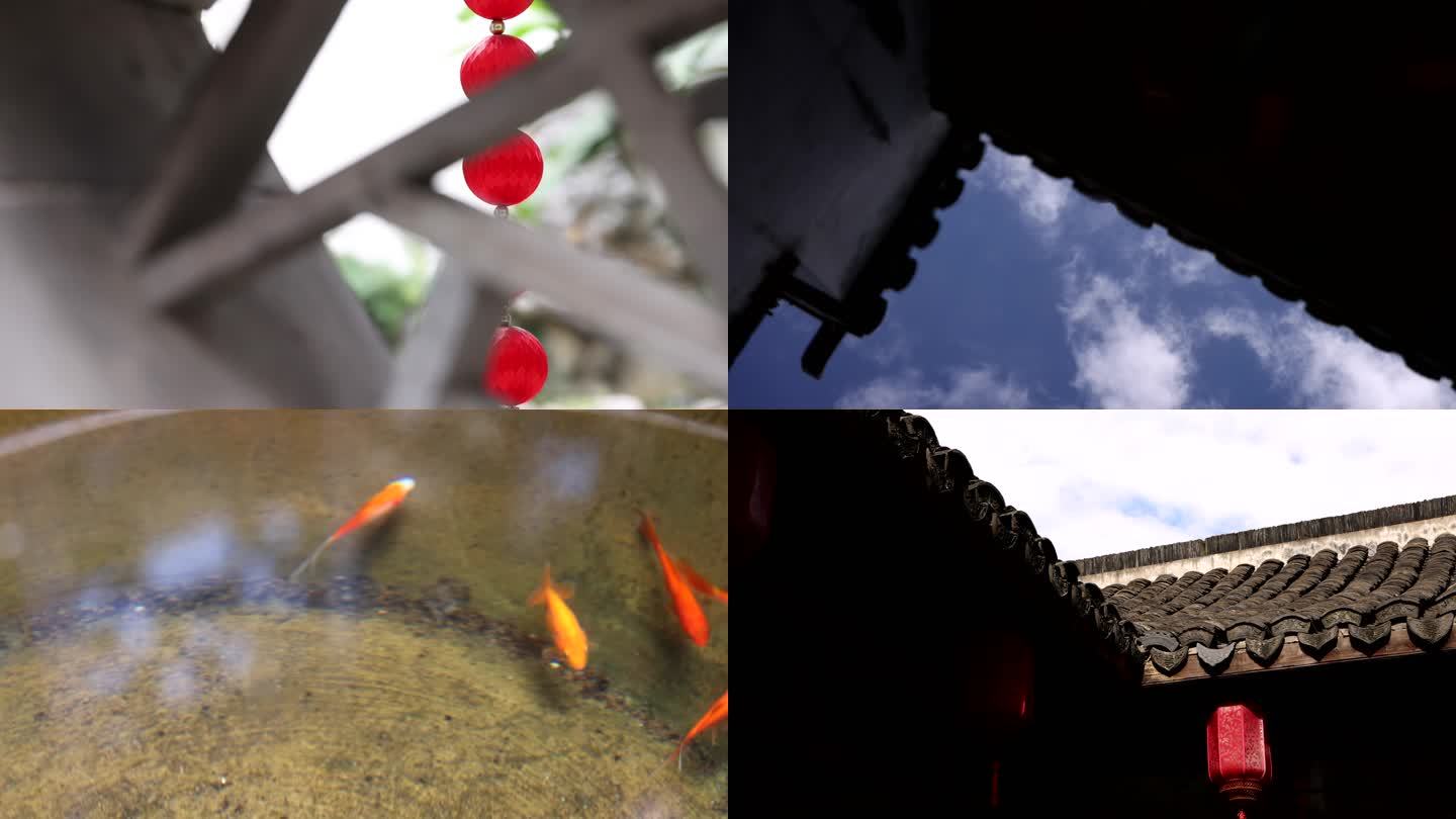 江南园林苏式中式庭院水缸倒影金鱼传统建筑
