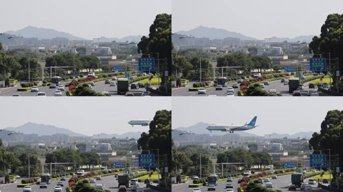 高清实拍厦门航空飞机飞过厦门公路上空