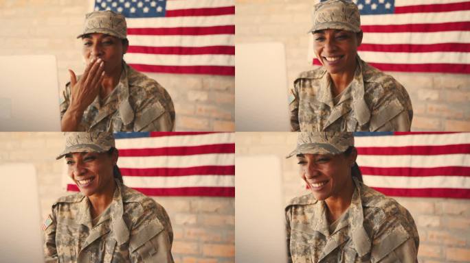 一名士兵在与家人视频通话时飞吻