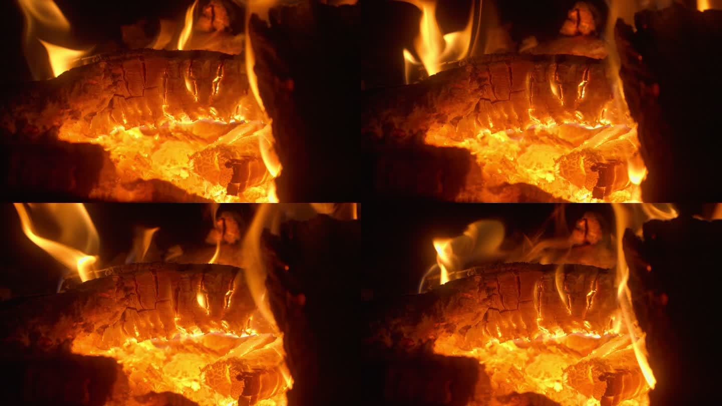 燃烧的木炭柴火草木灰火焰
