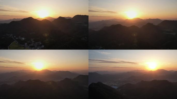 航拍山村山区日出朝霞