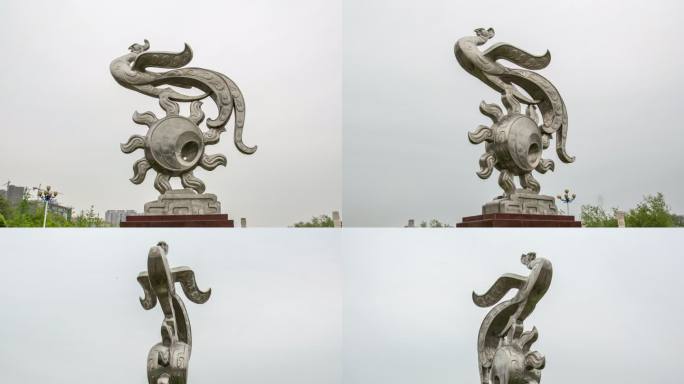 荆州古城金凤广场凤凰雕像环绕移动延时摄影