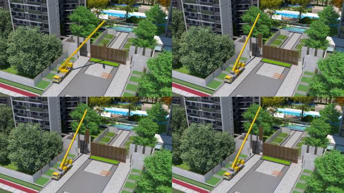 小区大门汽车吊吊装施工模拟动画