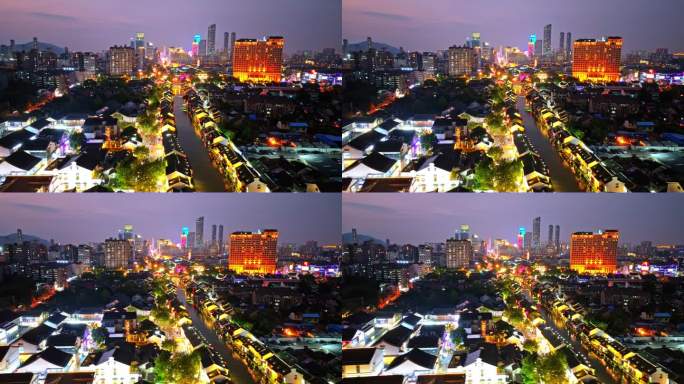 中国江苏无锡清名桥古运河景区夜景航拍