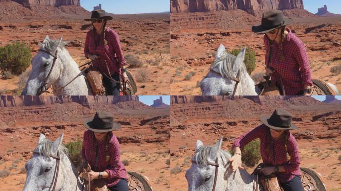在干旱的亚利桑那州，一名妇女骑着马穿过岩石嶙峋的纪念碑谷