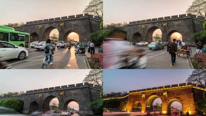 荆州古城新东门城门人流车流日转夜延时摄影