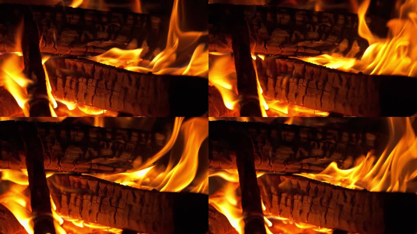 燃烧的柴火堆木炭火焰升格