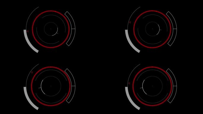 HUD圆形用户界面上孤立的黑色背景。目标搜索范围和扫描元素主题。数字UI和科幻循环。4K动态图形素材