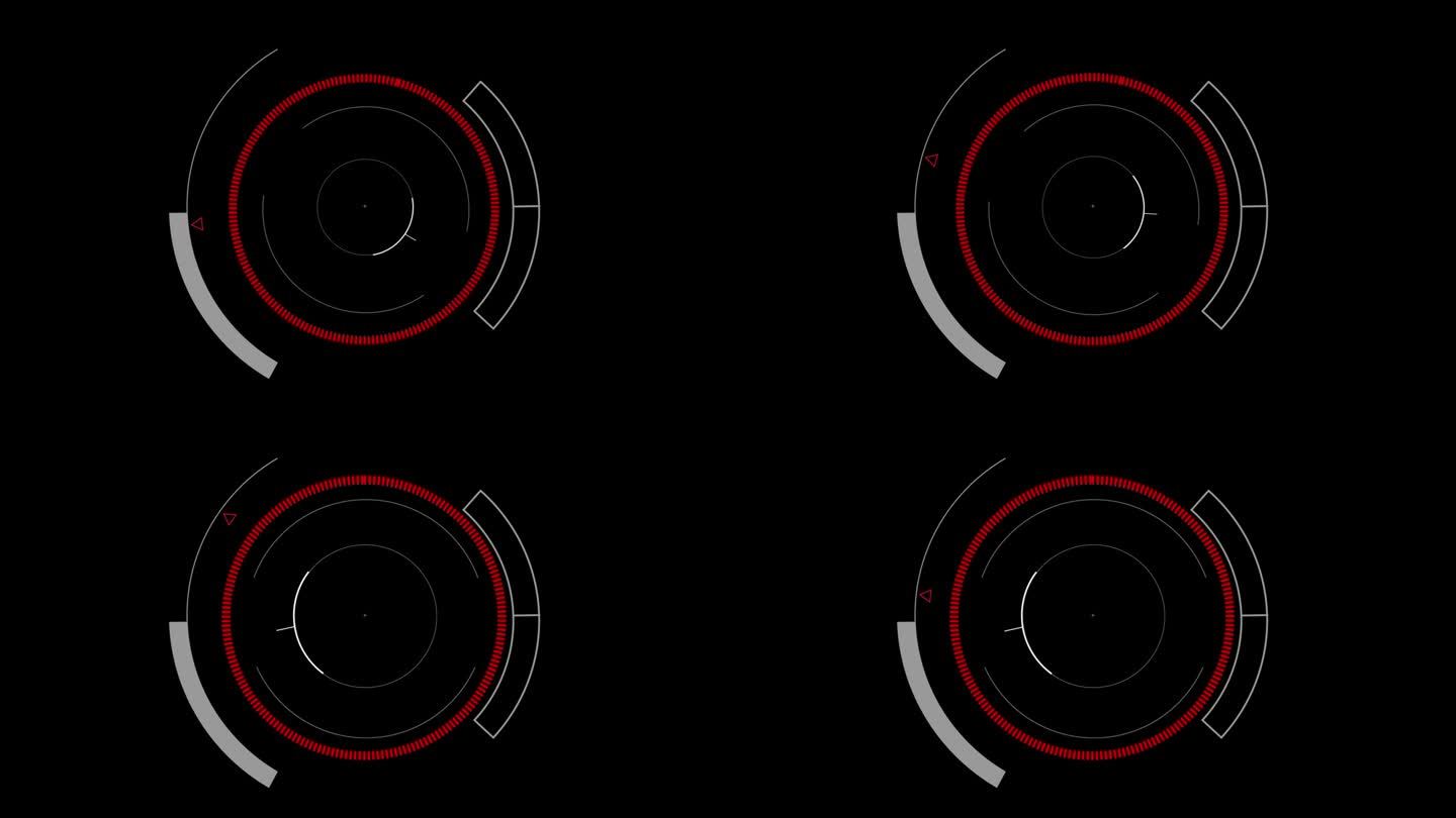 HUD圆形用户界面上孤立的黑色背景。目标搜索范围和扫描元素主题。数字UI和科幻循环。4K动态图形素材