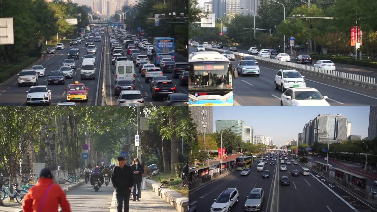 北京早晨街景打拼上班骑行公交车城市车流