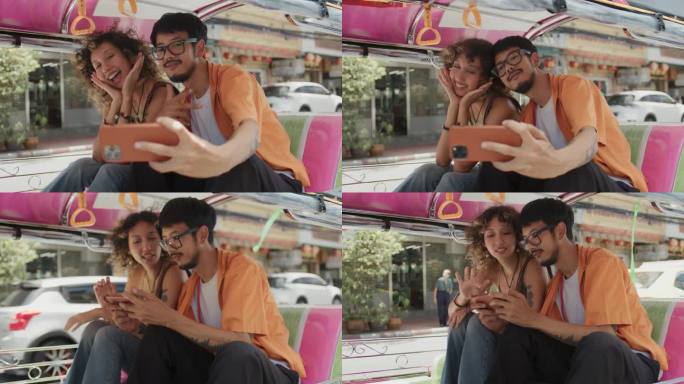 甜蜜的亚洲夫妇在泰国度假，在一辆嘟嘟车出租车上一起享受特殊的时刻和自拍。