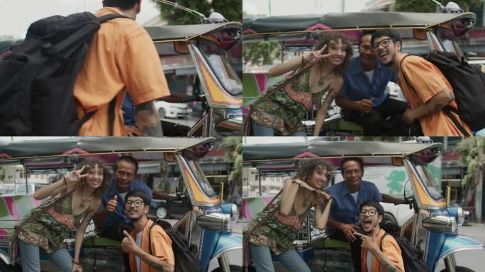 在曼谷，幸福的情侣旅行者与微笑的出租车司机合影。