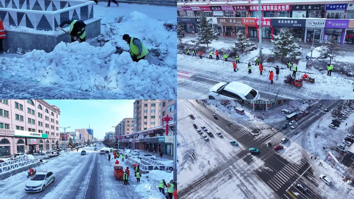 环卫工人清理街道积雪