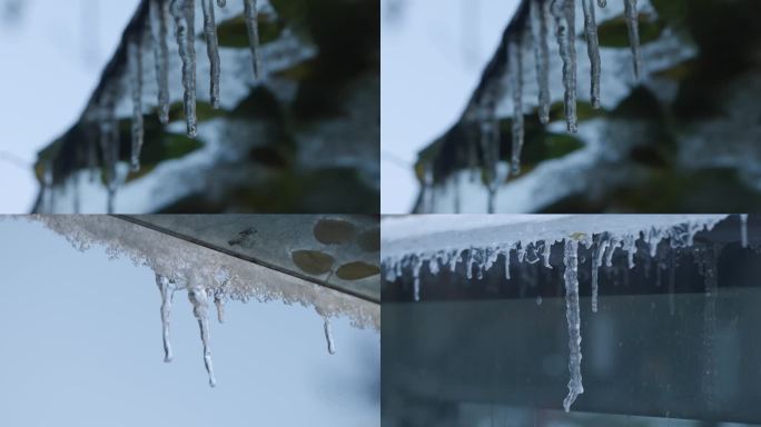 季节变化唯美冰雪融化屋檐水滴落下冰溜子