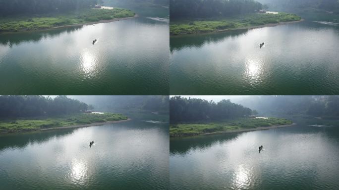 航拍贵州山水风景河流小舟渔船
