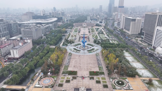 航拍济南趵突泉公园雪景