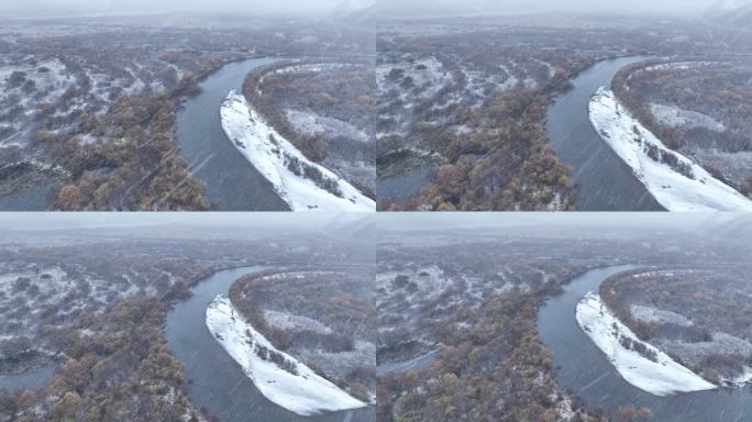 航拍秋季湿地河流风雪交加