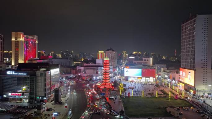 中国河南郑州二七广场 二七塔 夜景航拍