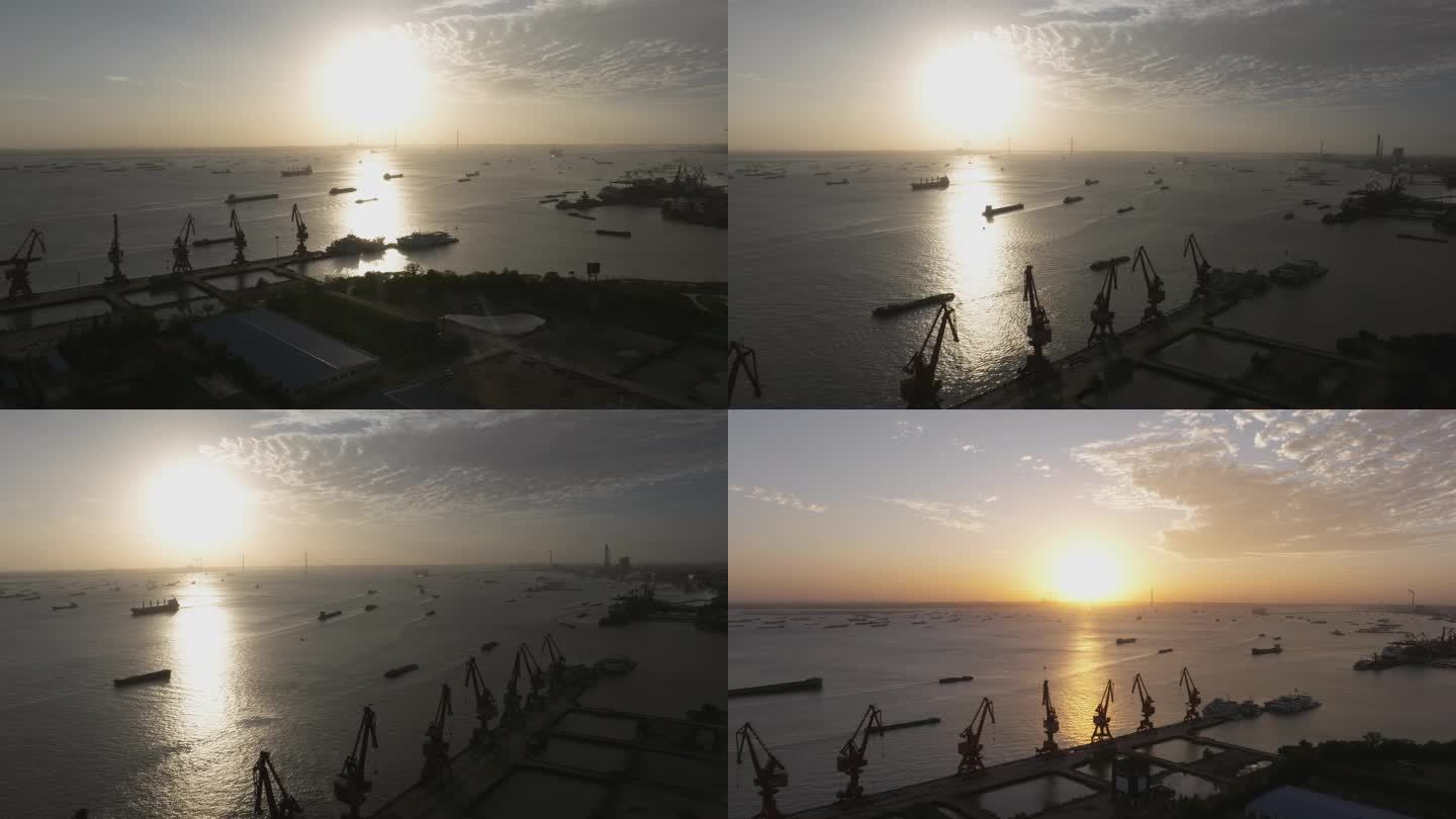 【4k合集】航拍长江南通港口夕阳