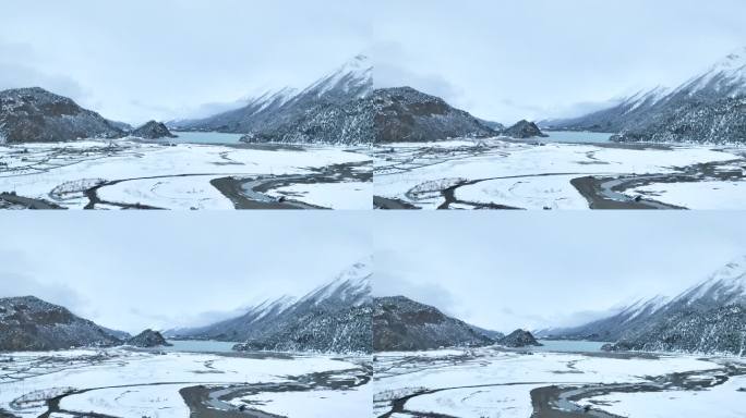 西藏昌都然乌湖和雪山雪地森林湖泊雪景航拍