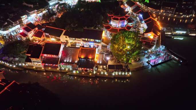 航拍苏州七里山塘街古运河夜景