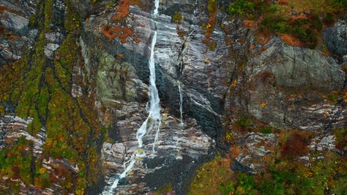 秋日，小瀑布从覆盖着红绿苔藓和草的岩石上流下，鸟瞰