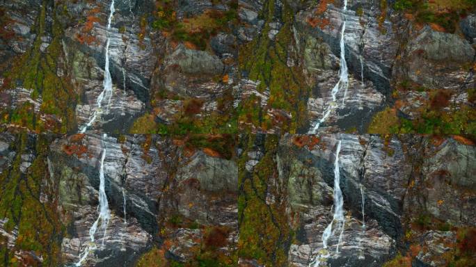 秋日，小瀑布从覆盖着红绿苔藓和草的岩石上流下，鸟瞰