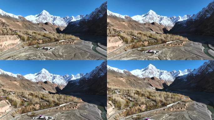 鸟瞰图春天樱花盛开，春天喀喇昆仑公路沿线的喜马拉雅山脉上的帕苏山脉、罕萨河和喀喇昆仑公路。巴基斯坦北