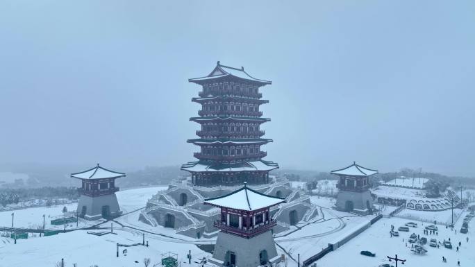 航拍洛阳牡丹博物馆雪景