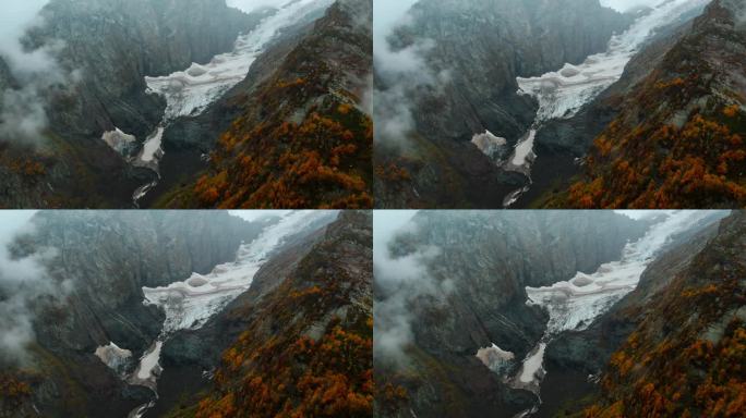 秋日山间冰川之舌，独特的地质特征，融化的老冰
