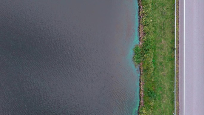 固定垂直顶部拍摄的湖岸与蓝藻蓝绿藻沿着公路与汽车开过去，绿草之间的道路和水体。