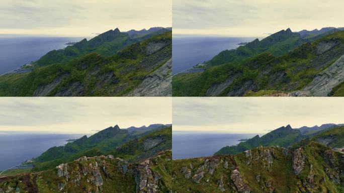 罗弗敦群岛上绿色岩石峡湾山峰的史诗全景