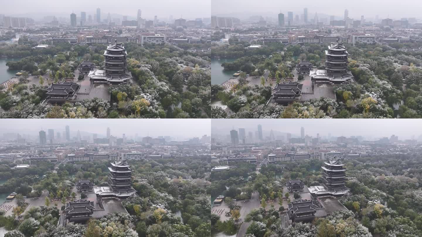 航拍济南大明湖雪景