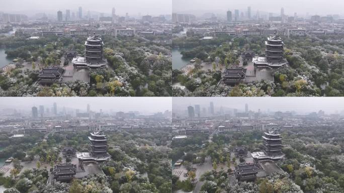 航拍济南大明湖雪景