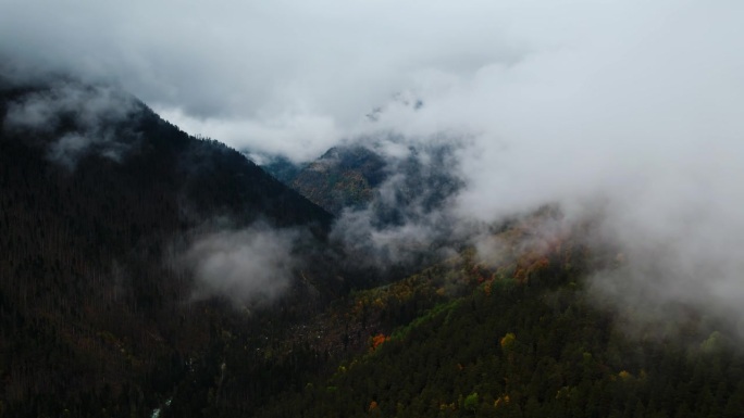惊人的空中景观在山区在雨天，电影慢动作，飞越云层