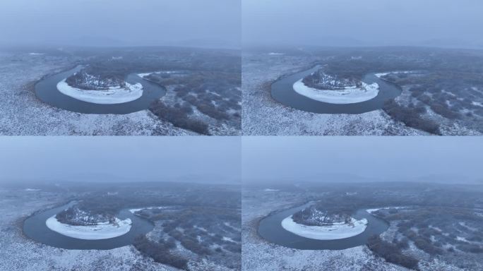 航拍秋季湿地河流风雪交加