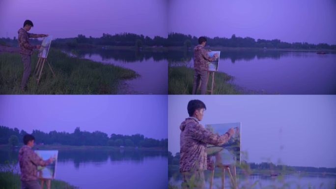男孩在河边画画唯美空镜