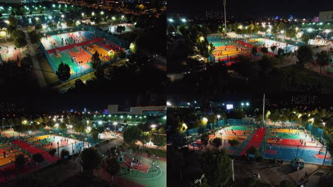 篮球场夜景航拍 滨州市 健身广场