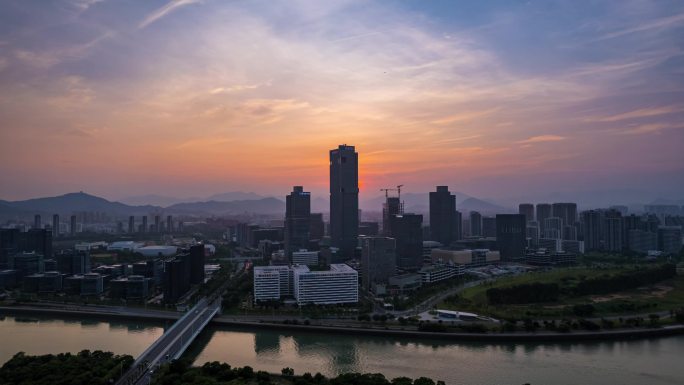 厦门同安银城智谷日落晚霞夜景航拍延时摄影