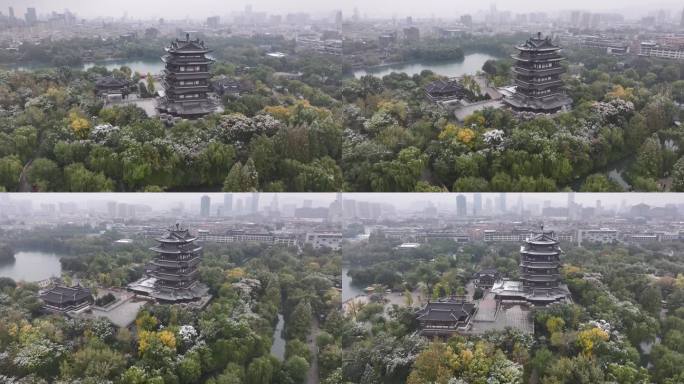 航拍济南大明湖雪景