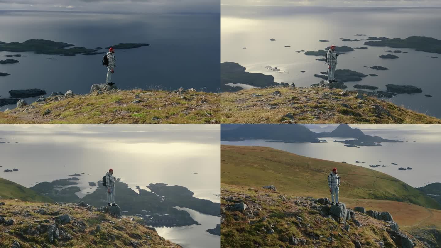360度无人机拍摄的一个年轻男性背包客站在峡湾顶部，观看挪威海岛屿的壮丽景色
