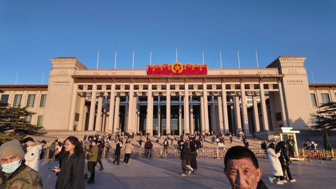 北京国家博物馆延时正门西门天安门广场日落