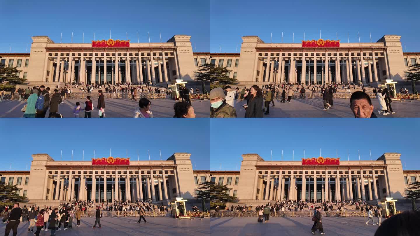 北京国家博物馆延时正门西门天安门广场日落