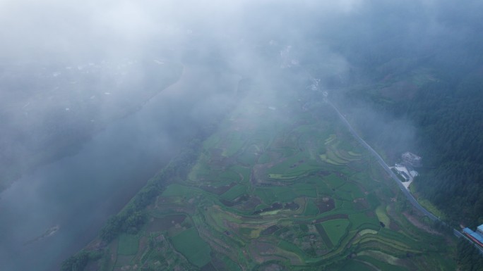 航拍云层下的稻田田野自然风光