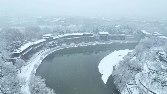 航拍洛阳王城公园雪景