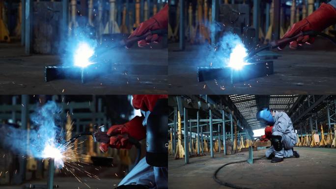 高质量工厂电焊成组镜头焊工工作电焊火花
