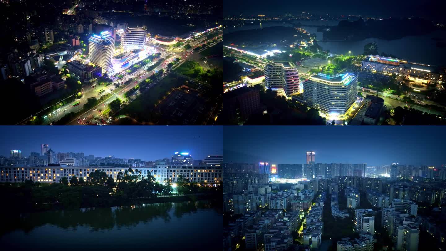 航拍广东肇庆星湖畔城市夜景